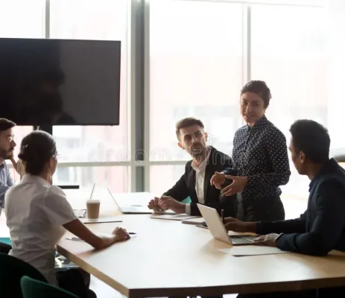 confident-female-indian-manager-leading-diverse-employees-group-meeting-confident-female-indian-manager-company-worker-lead-160751314